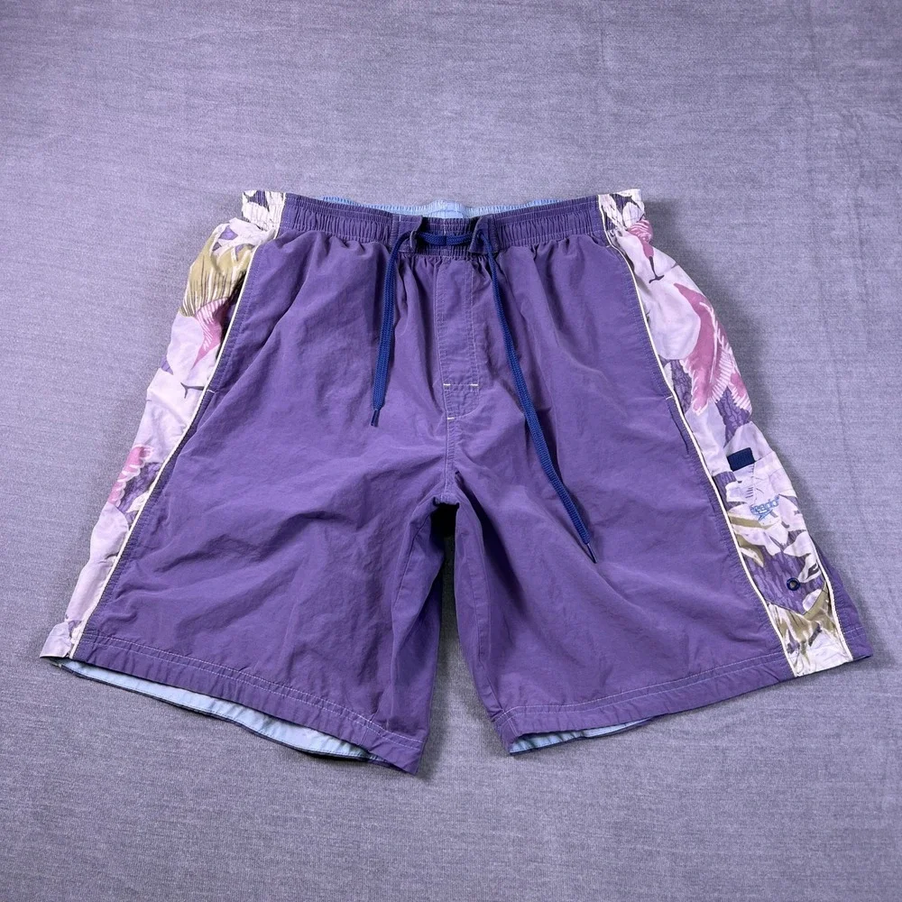 Speedo Swim Trunks Floral Side Panels Mid Rise Shorts Mens Large Purple Nylon